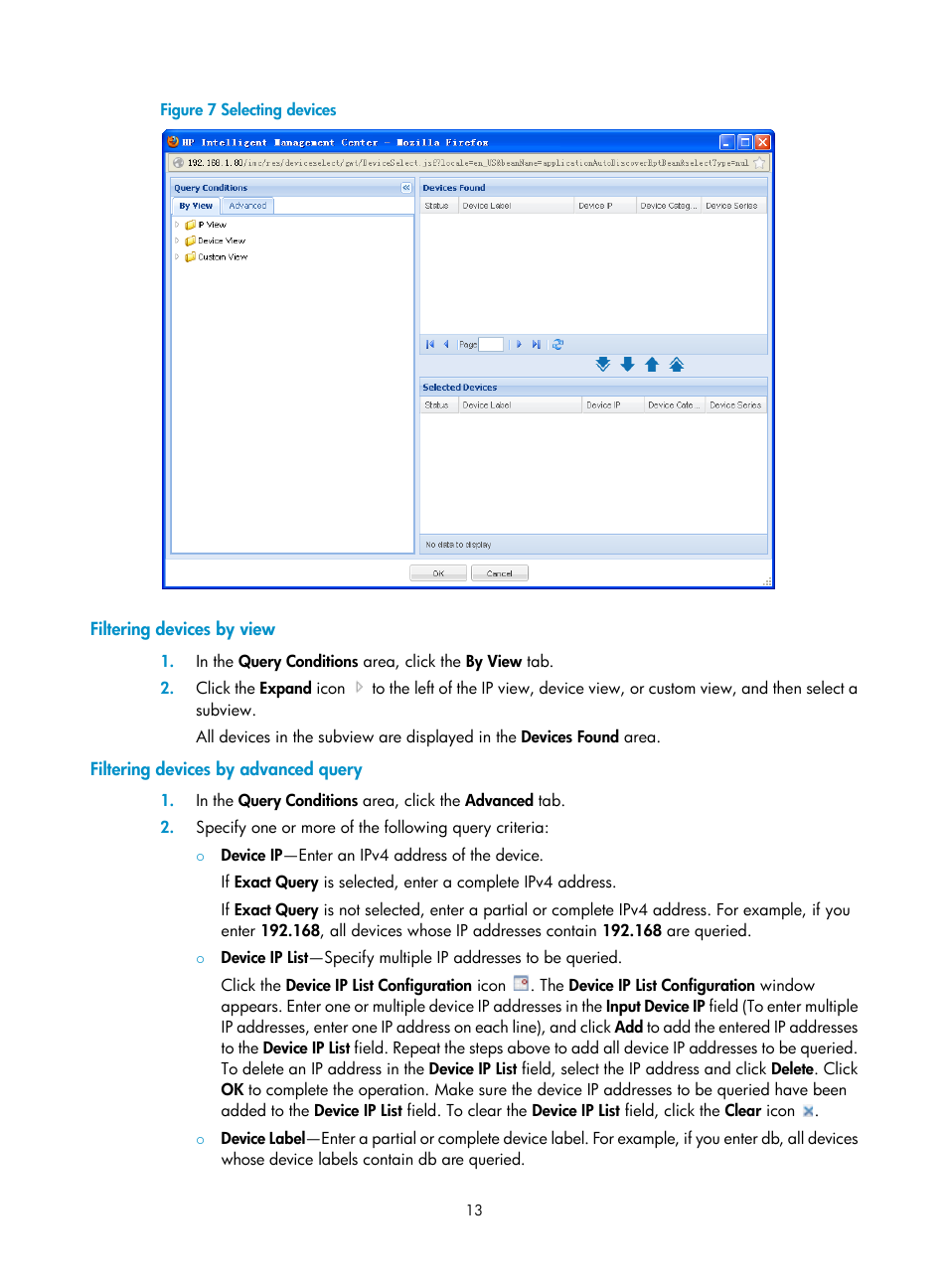 Filtering devices by view, Filtering devices by advanced query | H3C Technologies H3C Intelligent Management Center User Manual | Page 27 / 740