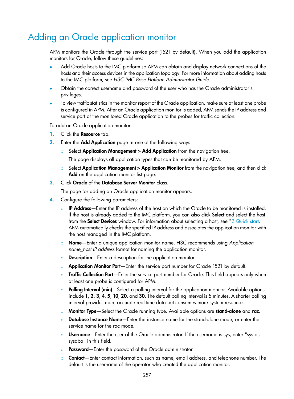 Adding an oracle application monitor | H3C Technologies H3C Intelligent Management Center User Manual | Page 271 / 740