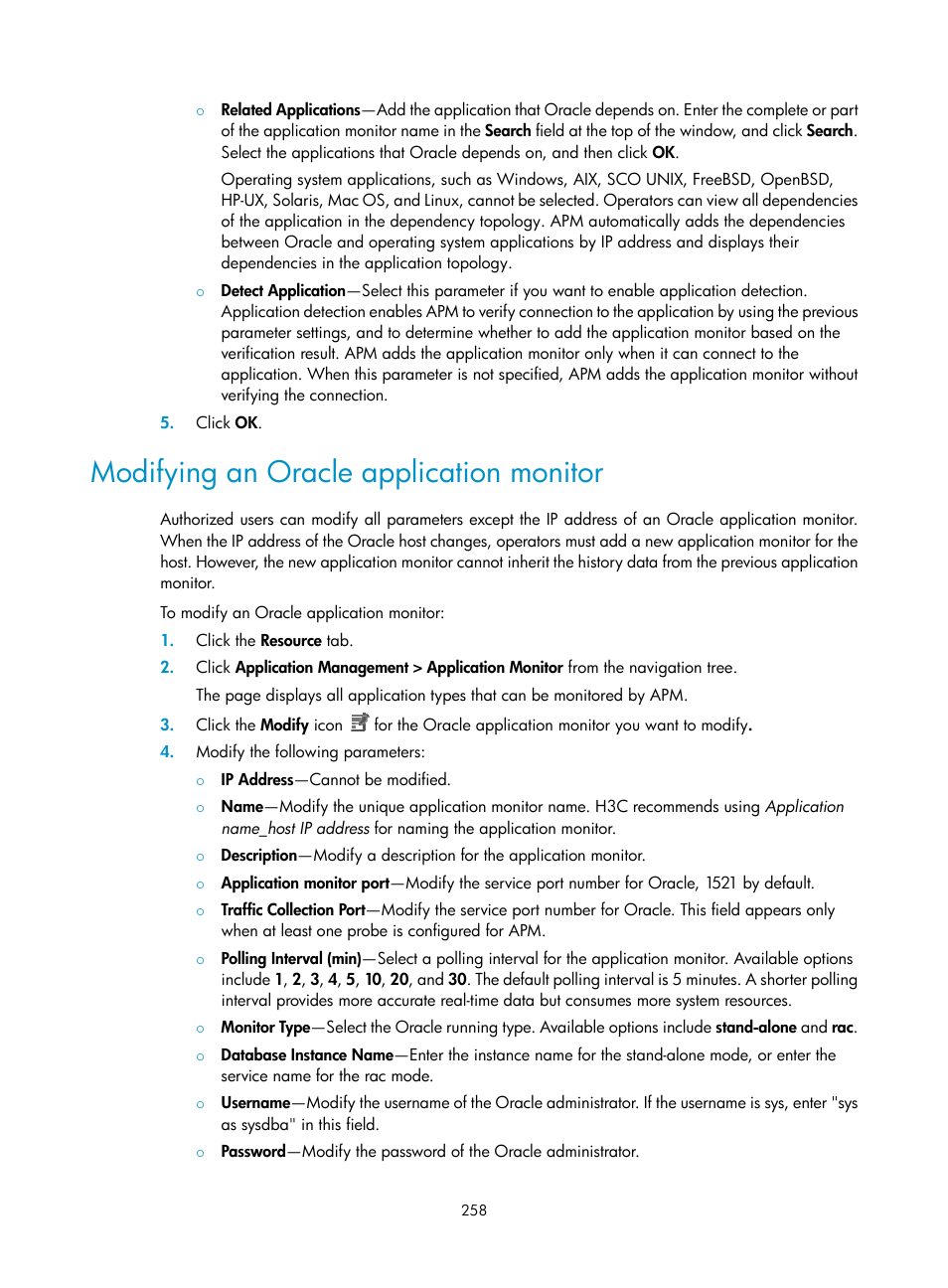 Modifying an oracle application monitor | H3C Technologies H3C Intelligent Management Center User Manual | Page 272 / 740
