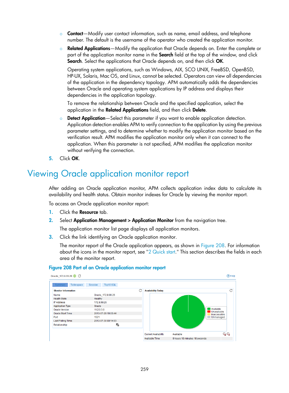 Viewing oracle application monitor report | H3C Technologies H3C Intelligent Management Center User Manual | Page 273 / 740