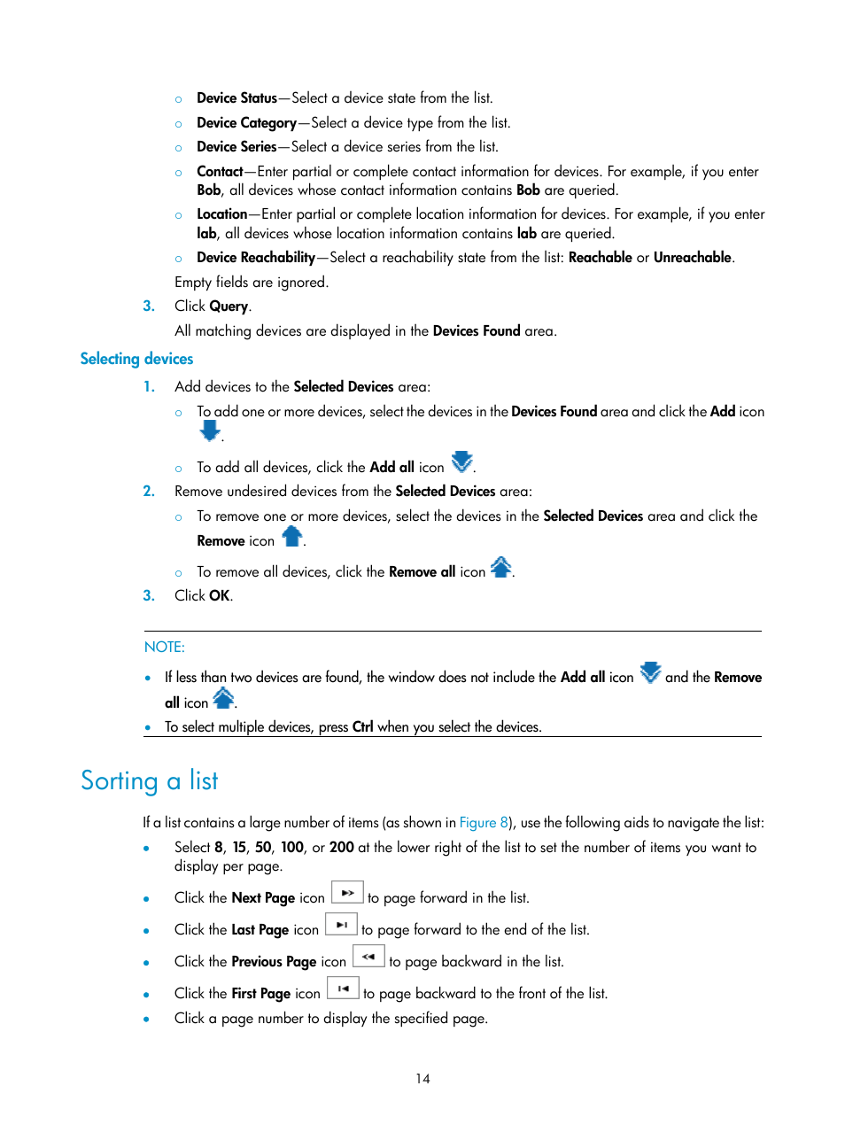 Selecting devices, Sorting a list | H3C Technologies H3C Intelligent Management Center User Manual | Page 28 / 740