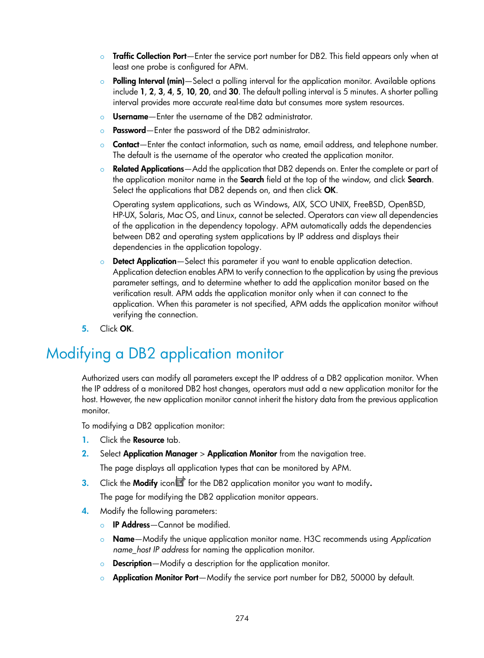 Modifying a db2 application monitor | H3C Technologies H3C Intelligent Management Center User Manual | Page 288 / 740