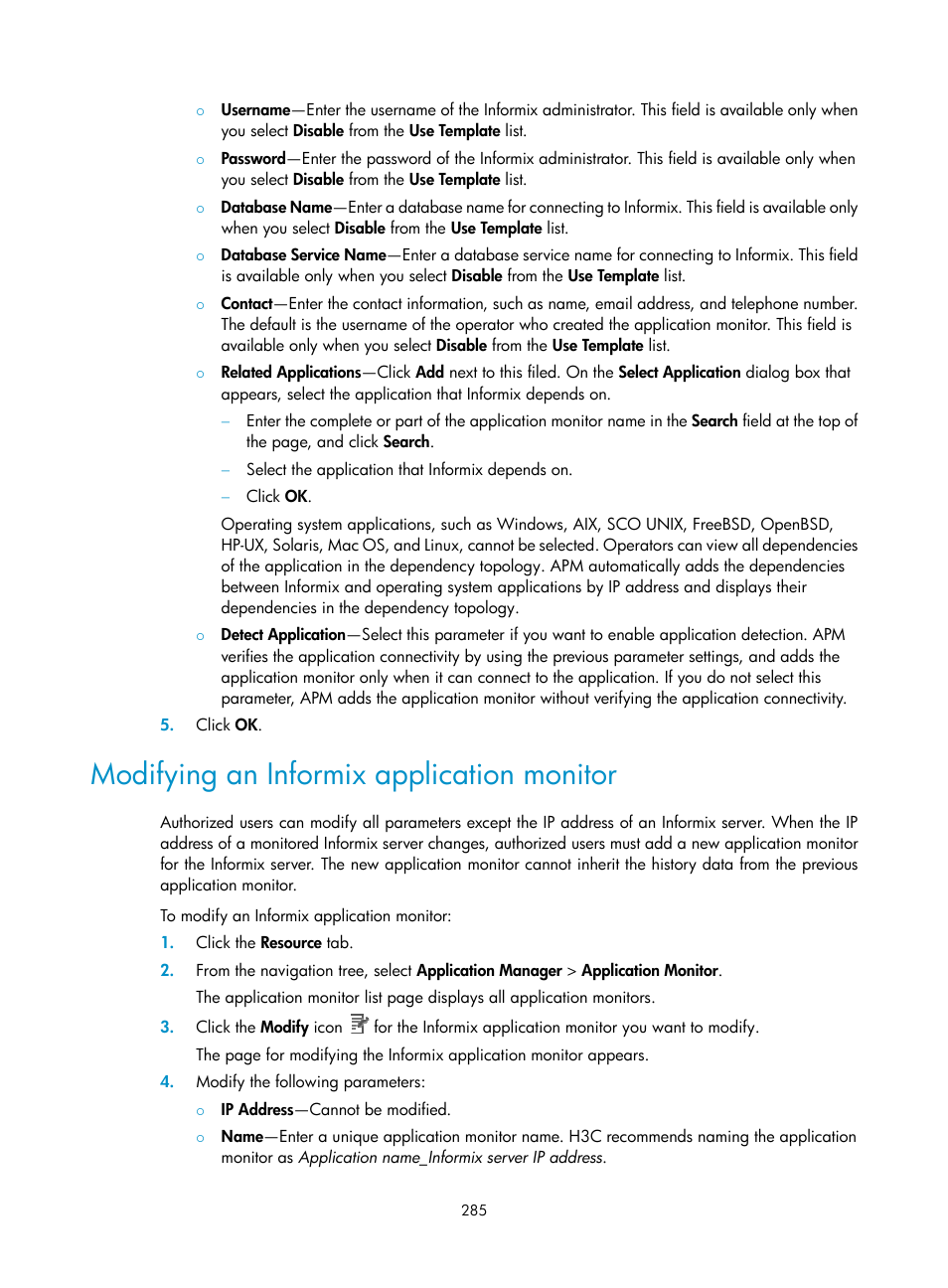 Modifying an informix application monitor | H3C Technologies H3C Intelligent Management Center User Manual | Page 299 / 740
