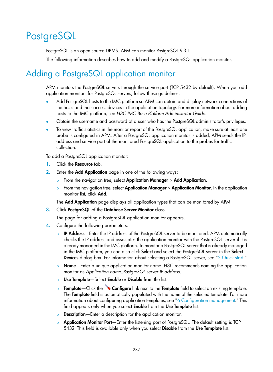 Postgresql, Adding a postgresql application monitor | H3C Technologies H3C Intelligent Management Center User Manual | Page 301 / 740
