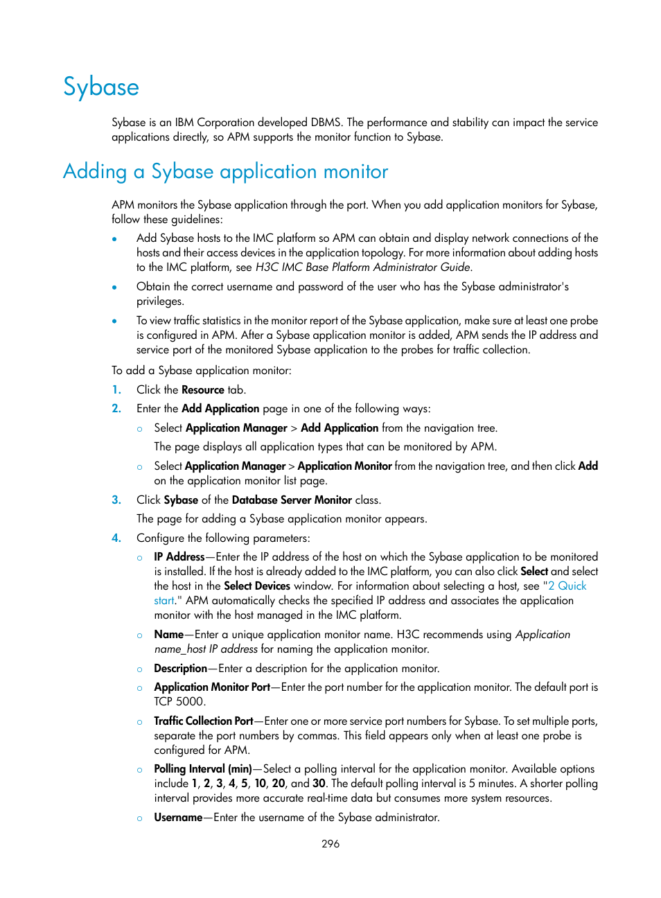 Sybase, Adding a sybase application monitor | H3C Technologies H3C Intelligent Management Center User Manual | Page 310 / 740