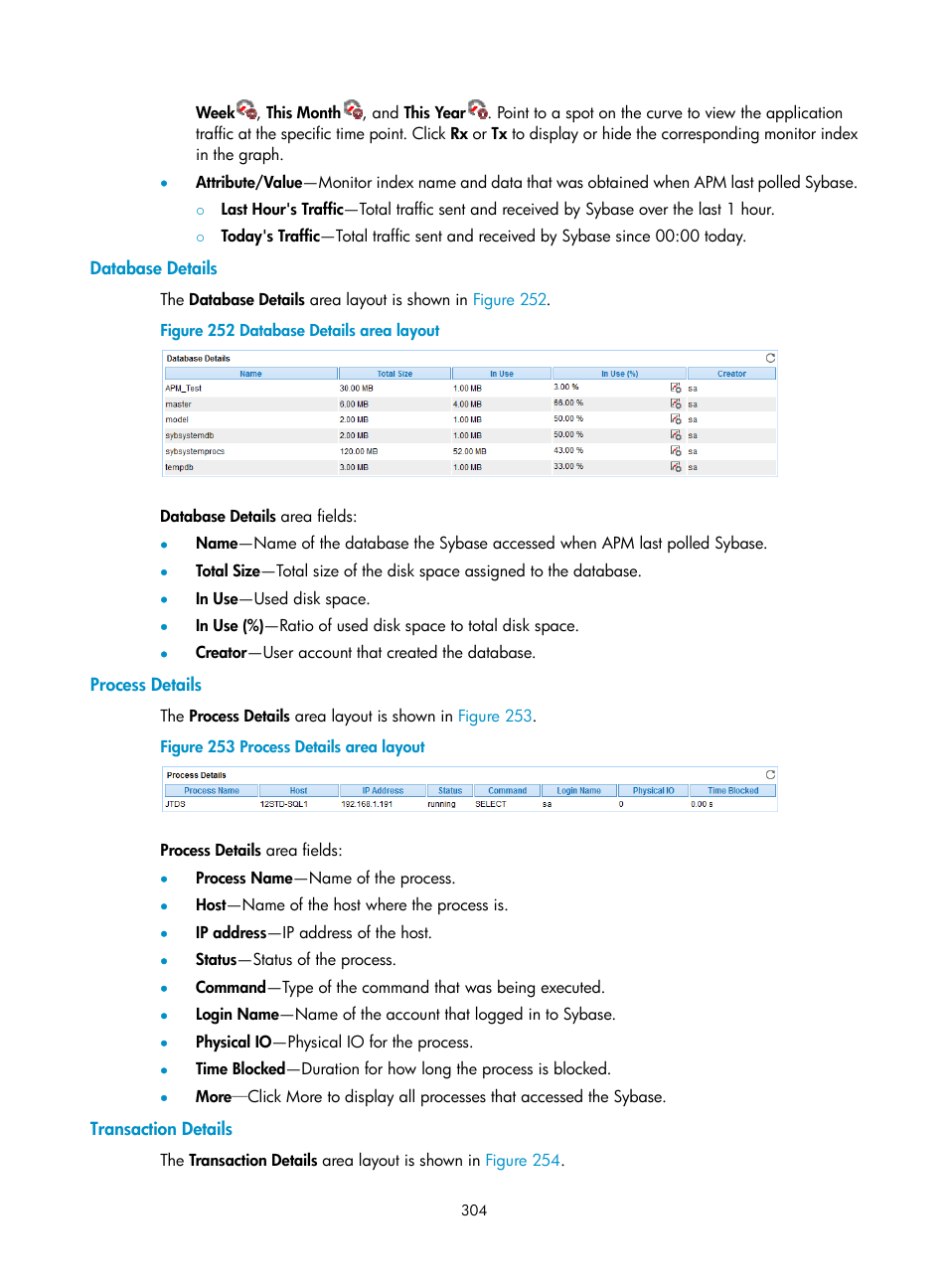 Database details, Process details, Transaction details | H3C Technologies H3C Intelligent Management Center User Manual | Page 318 / 740