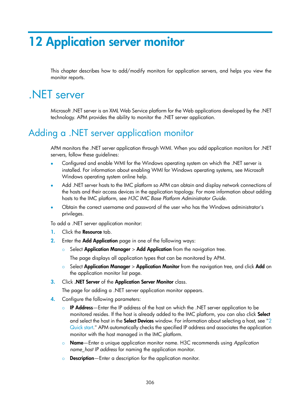 12 application server monitor, Net server, Adding a .net server application monitor | H3C Technologies H3C Intelligent Management Center User Manual | Page 320 / 740