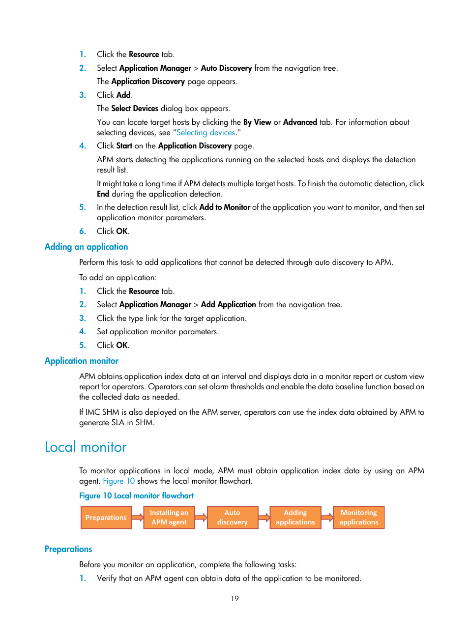 Adding an application, Application monitor, Local monitor | Preparations | H3C Technologies H3C Intelligent Management Center User Manual | Page 33 / 740