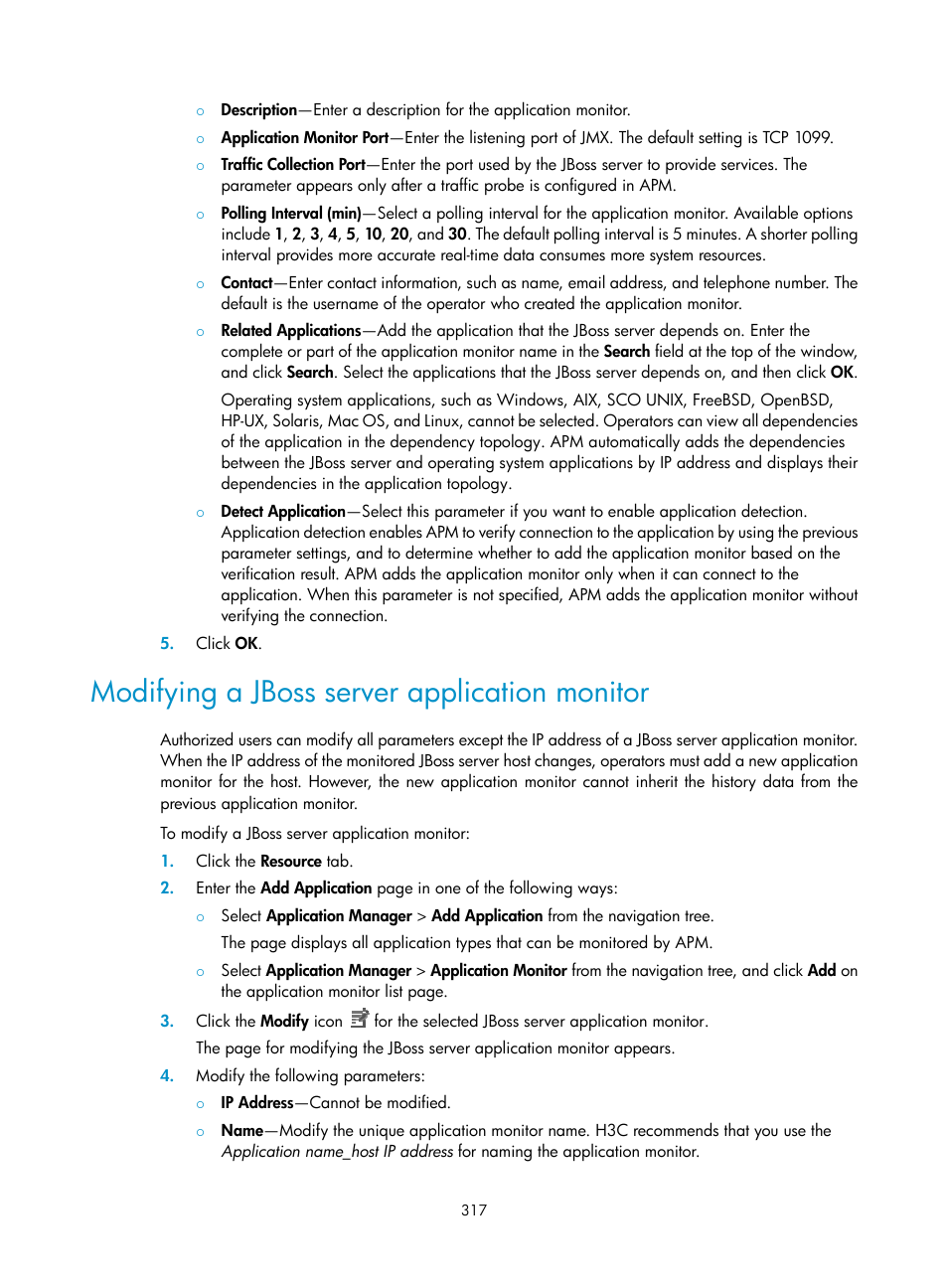 Modifying a jboss server application monitor | H3C Technologies H3C Intelligent Management Center User Manual | Page 331 / 740