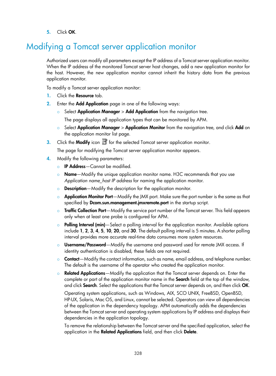Modifying a tomcat server application monitor | H3C Technologies H3C Intelligent Management Center User Manual | Page 342 / 740