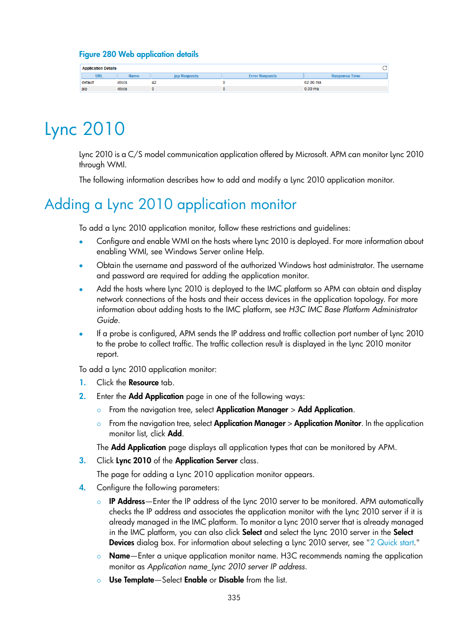 Lync 2010, Adding a lync 2010 application monitor, Figure 280 | H3C Technologies H3C Intelligent Management Center User Manual | Page 349 / 740