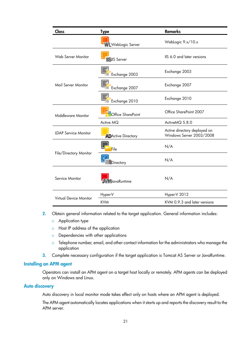 Installing an apm agent, Auto discovery | H3C Technologies H3C Intelligent Management Center User Manual | Page 35 / 740