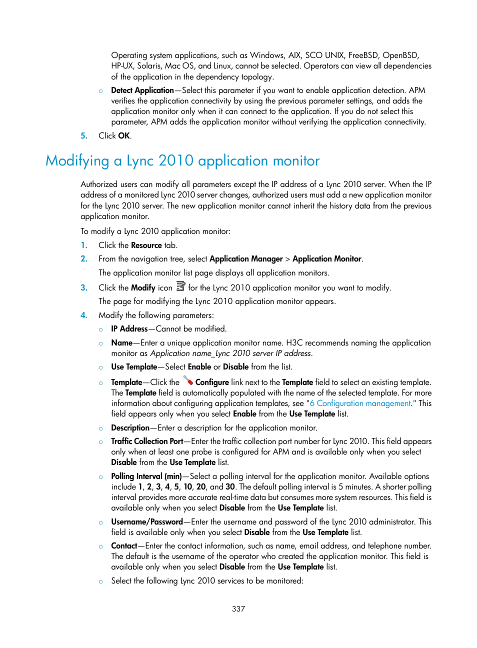 Modifying a lync 2010 application monitor | H3C Technologies H3C Intelligent Management Center User Manual | Page 351 / 740