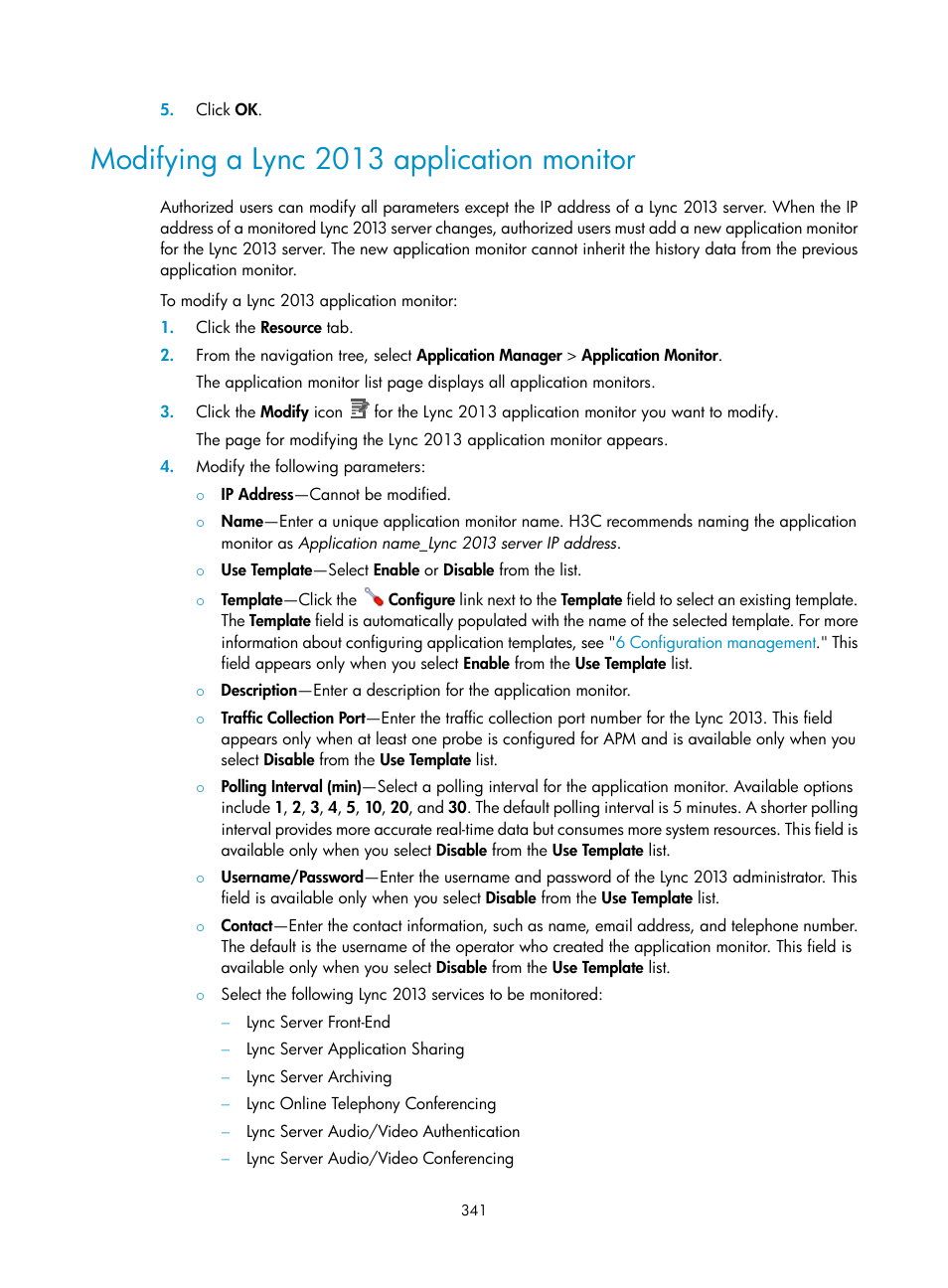 Modifying a lync 2013 application monitor | H3C Technologies H3C Intelligent Management Center User Manual | Page 355 / 740
