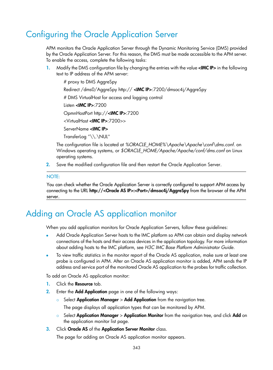 Configuring the oracle application server, Adding an oracle as application monitor | H3C Technologies H3C Intelligent Management Center User Manual | Page 357 / 740