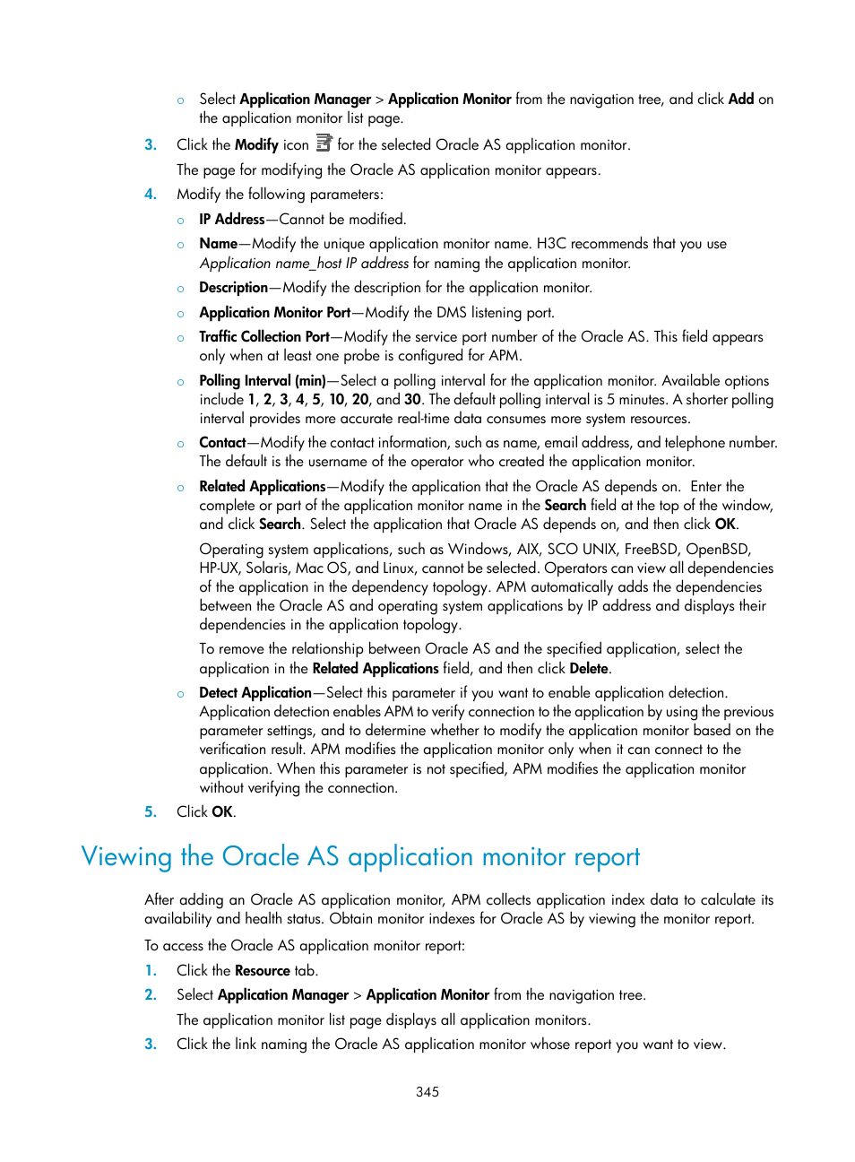Viewing the oracle as application monitor report | H3C Technologies H3C Intelligent Management Center User Manual | Page 359 / 740