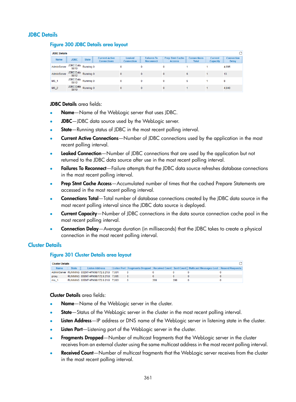 Jdbc details, Cluster details | H3C Technologies H3C Intelligent Management Center User Manual | Page 375 / 740