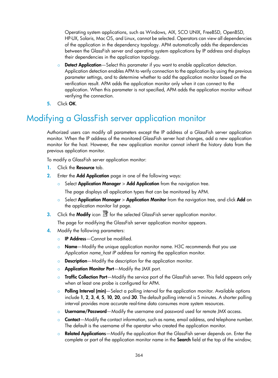 Modifying a glassfish server application monitor | H3C Technologies H3C Intelligent Management Center User Manual | Page 378 / 740