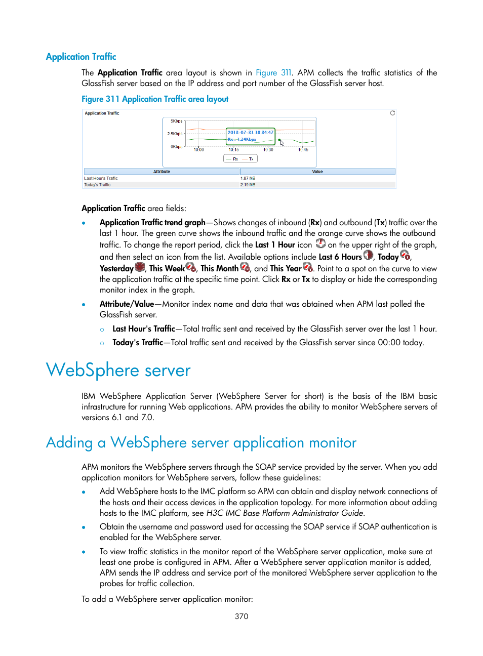Application traffic, Websphere server, Adding a websphere server application monitor | H3C Technologies H3C Intelligent Management Center User Manual | Page 384 / 740