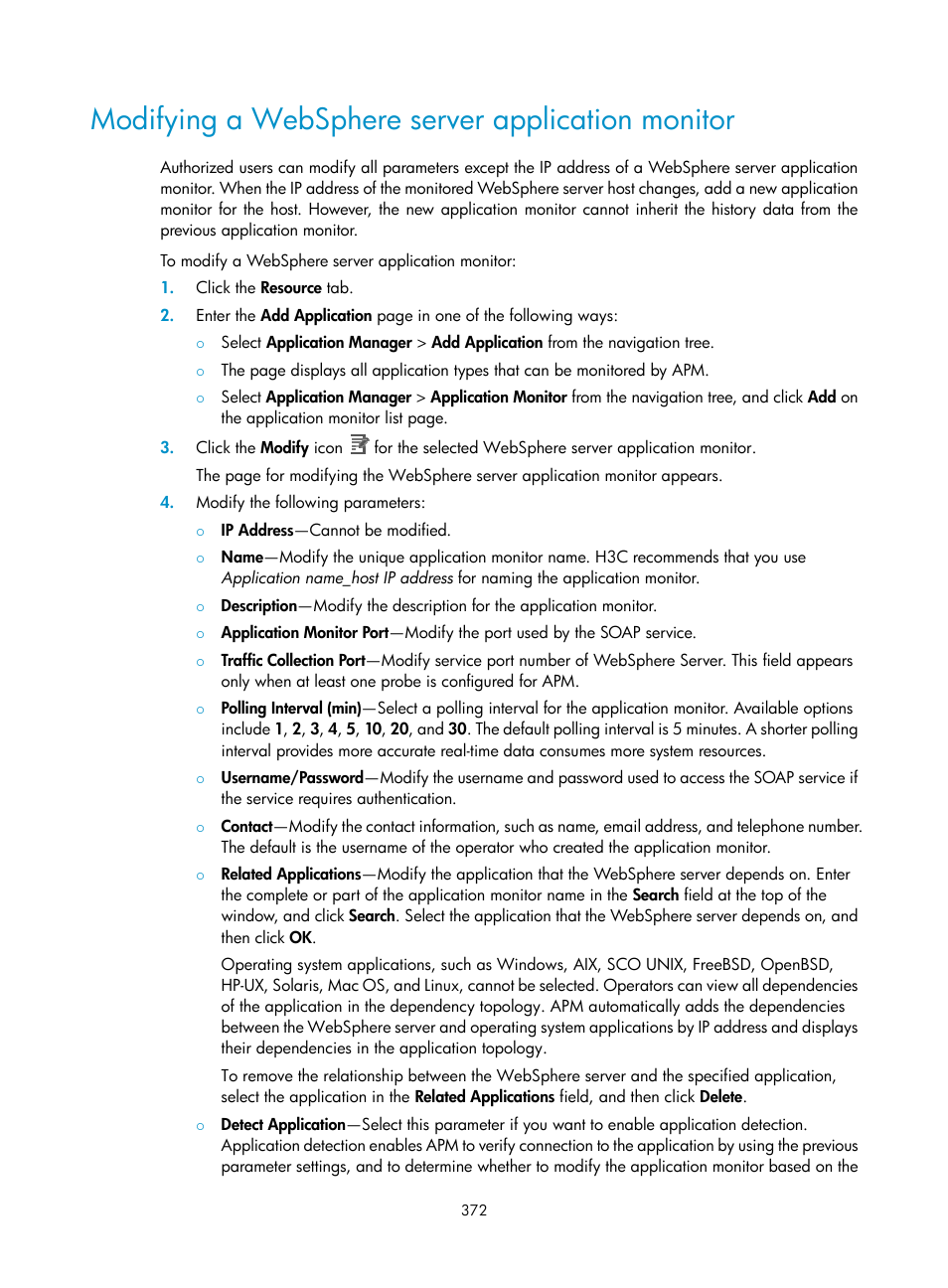 Modifying a websphere server application monitor | H3C Technologies H3C Intelligent Management Center User Manual | Page 386 / 740