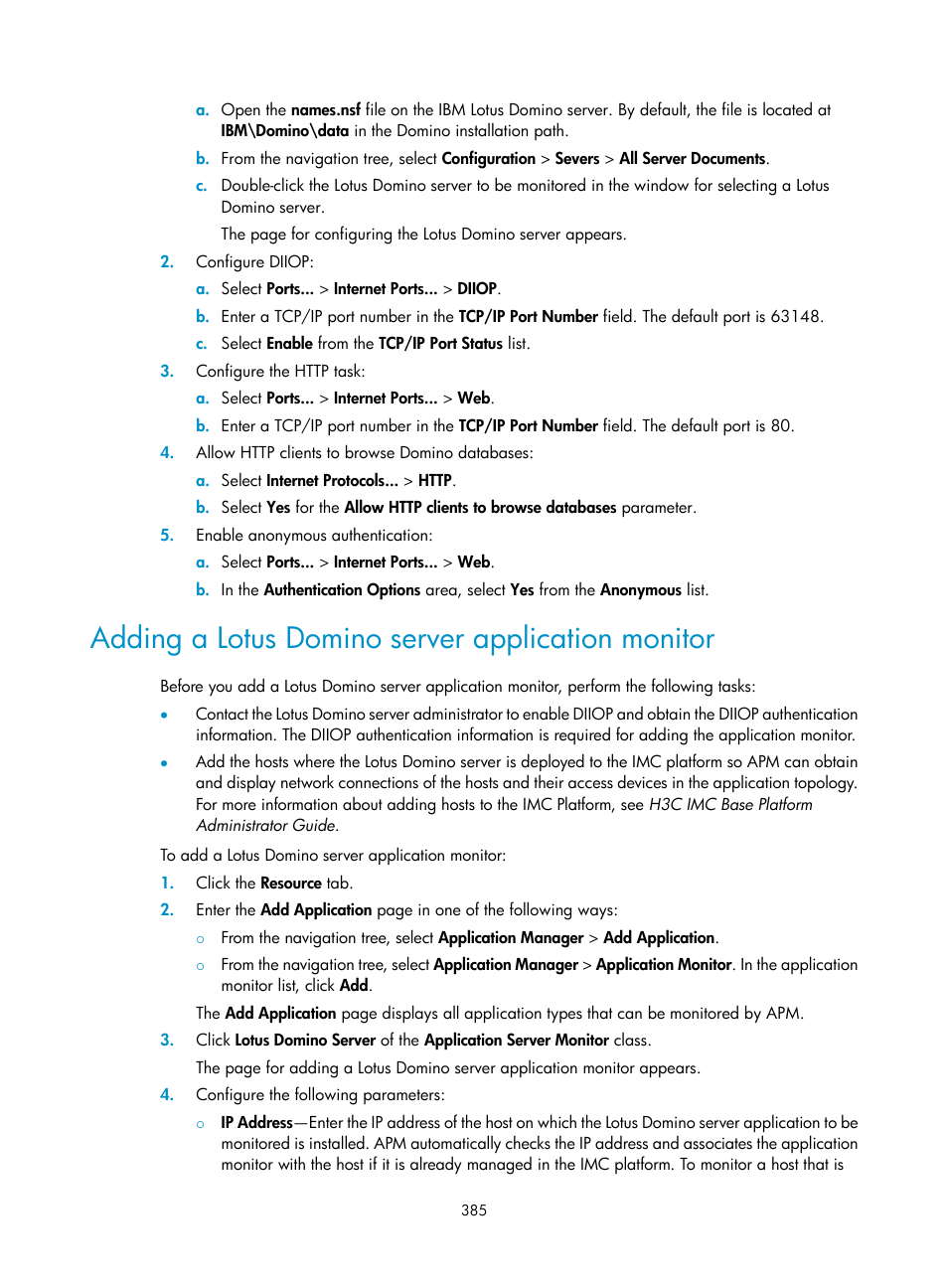 Adding a lotus domino server application monitor | H3C Technologies H3C Intelligent Management Center User Manual | Page 399 / 740