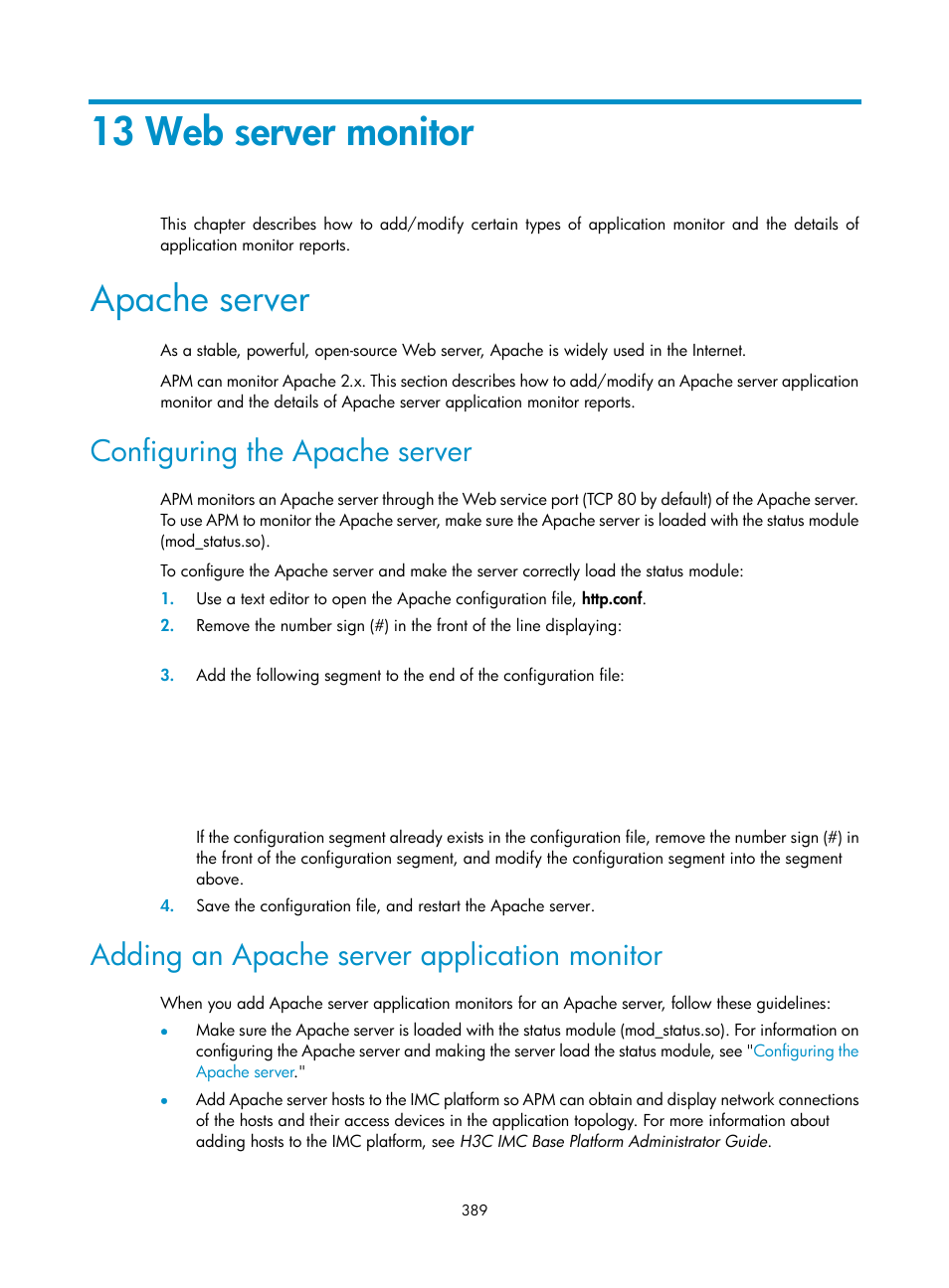 13 web server monitor, Apache server, Configuring the apache server | Adding an apache server application monitor | H3C Technologies H3C Intelligent Management Center User Manual | Page 403 / 740