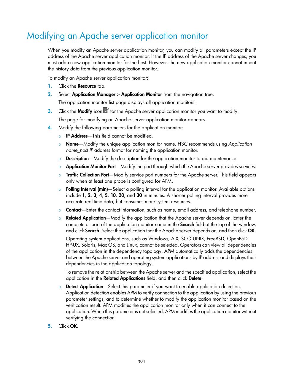 Modifying an apache server application monitor | H3C Technologies H3C Intelligent Management Center User Manual | Page 405 / 740