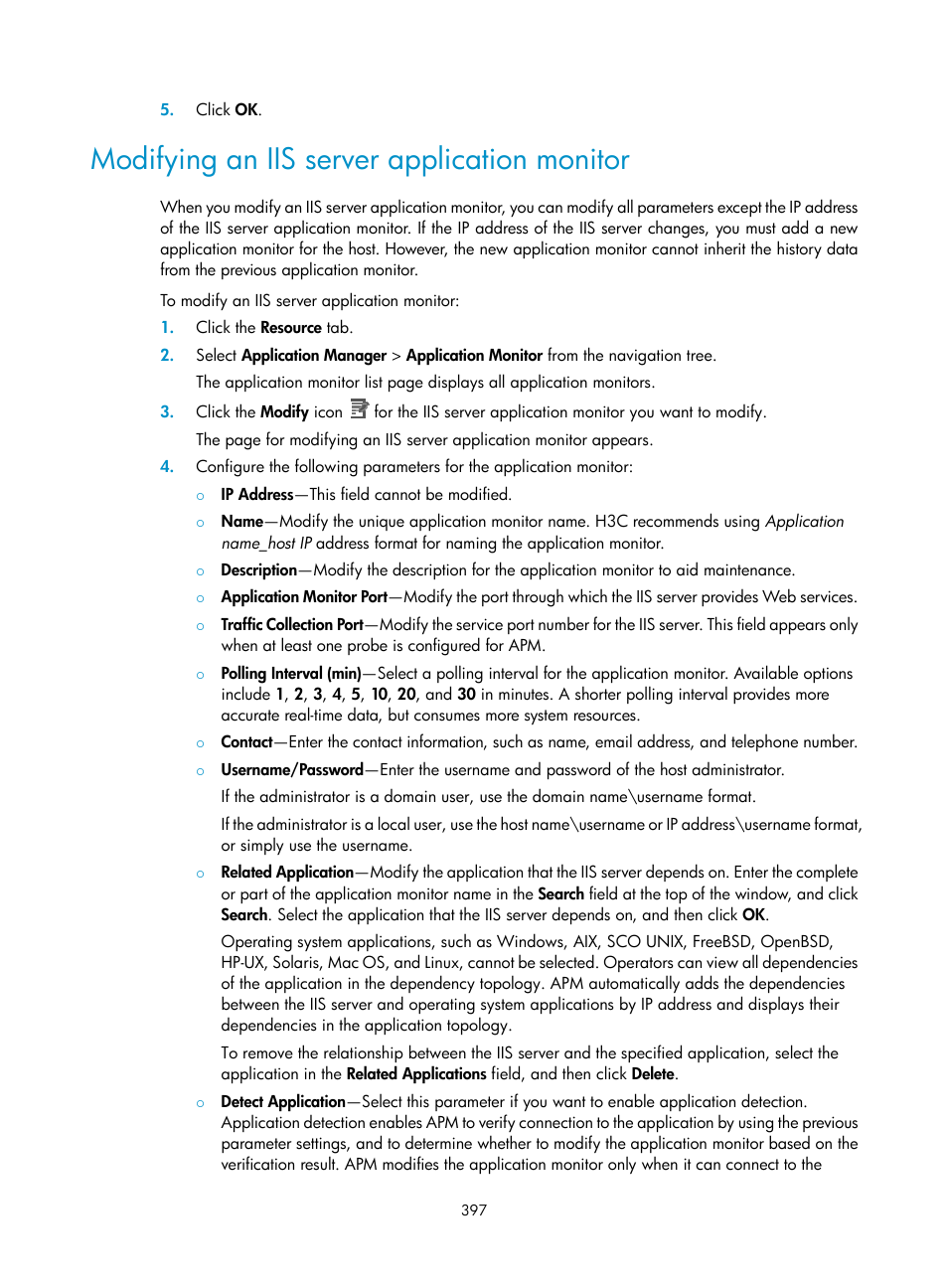 Modifying an iis server application monitor | H3C Technologies H3C Intelligent Management Center User Manual | Page 411 / 740