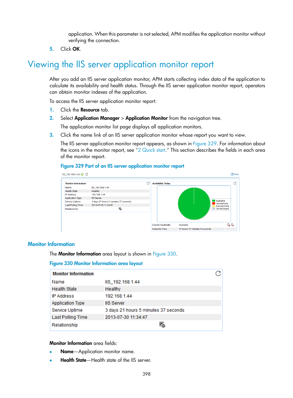 Viewing the iis server application monitor report, Monitor information | H3C Technologies H3C Intelligent Management Center User Manual | Page 412 / 740