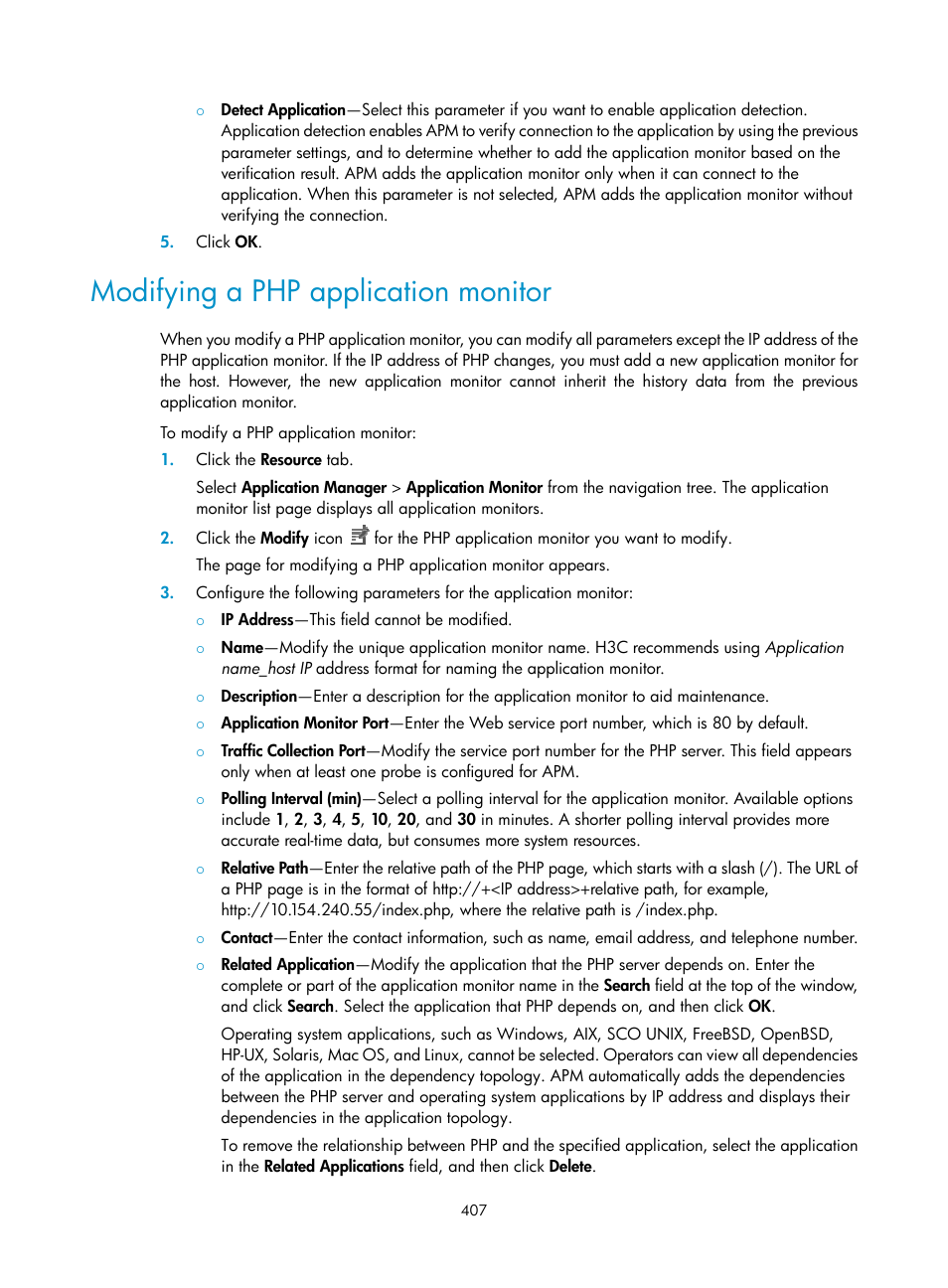 Modifying a php application monitor | H3C Technologies H3C Intelligent Management Center User Manual | Page 421 / 740