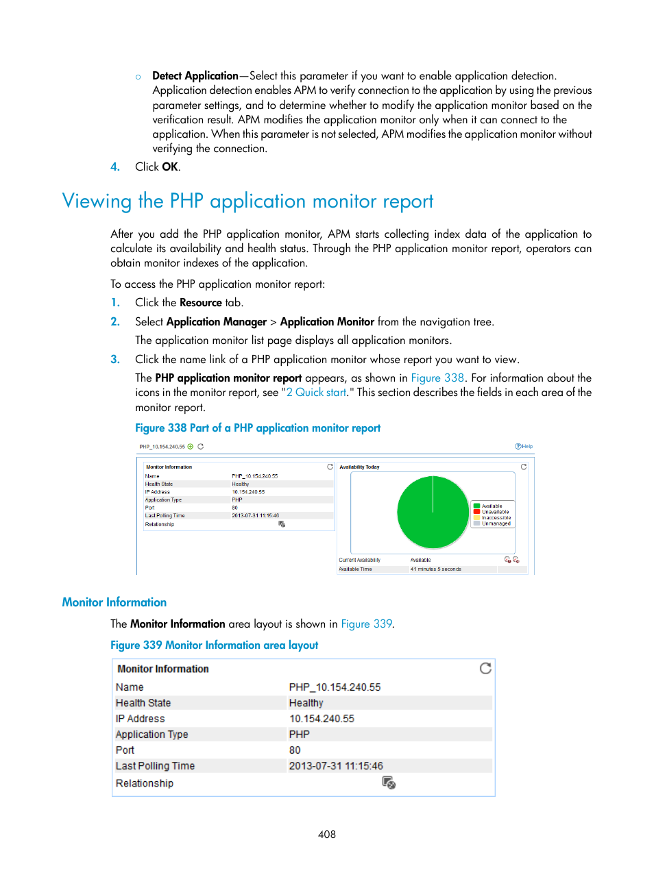 Viewing the php application monitor report, Monitor information | H3C Technologies H3C Intelligent Management Center User Manual | Page 422 / 740