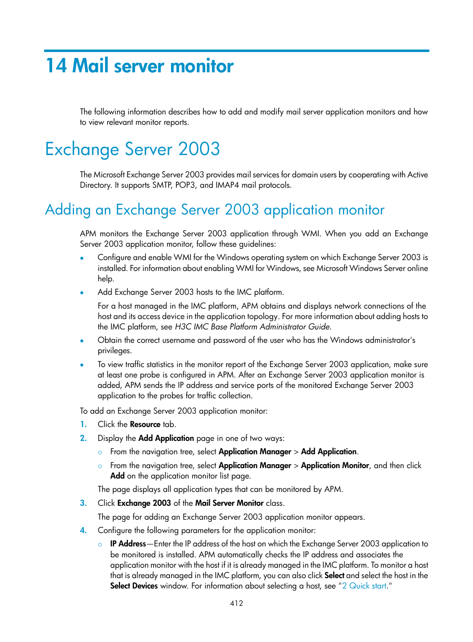 14 mail server monitor, Exchange server 2003, Adding an exchange server 2003 application monitor | H3C Technologies H3C Intelligent Management Center User Manual | Page 426 / 740