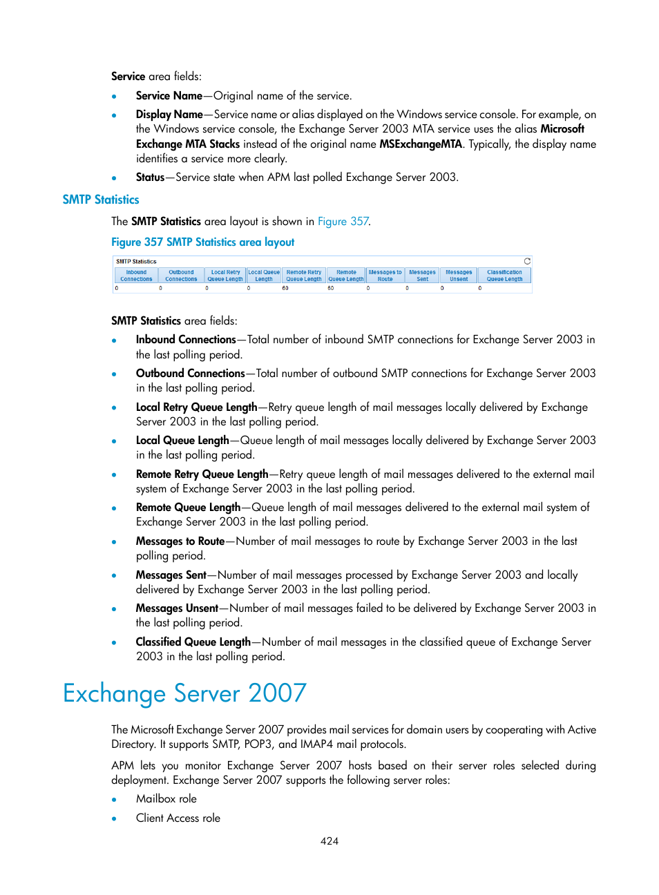 Smtp statistics, Exchange server 2007 | H3C Technologies H3C Intelligent Management Center User Manual | Page 438 / 740