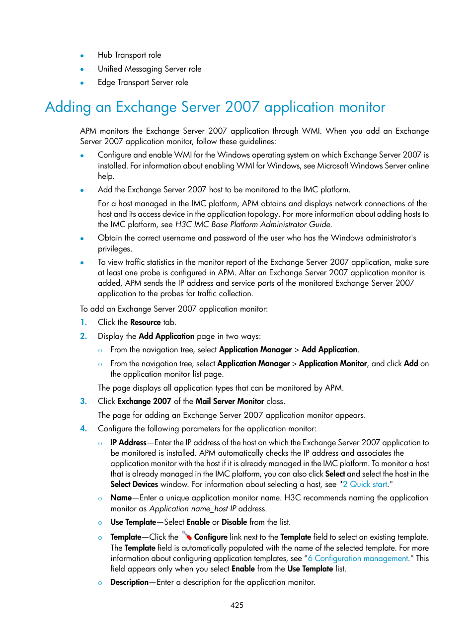 Adding an exchange server 2007 application monitor | H3C Technologies H3C Intelligent Management Center User Manual | Page 439 / 740