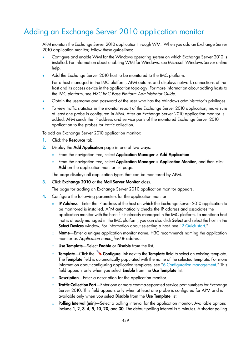 Adding an exchange server 2010 application monitor | H3C Technologies H3C Intelligent Management Center User Manual | Page 453 / 740