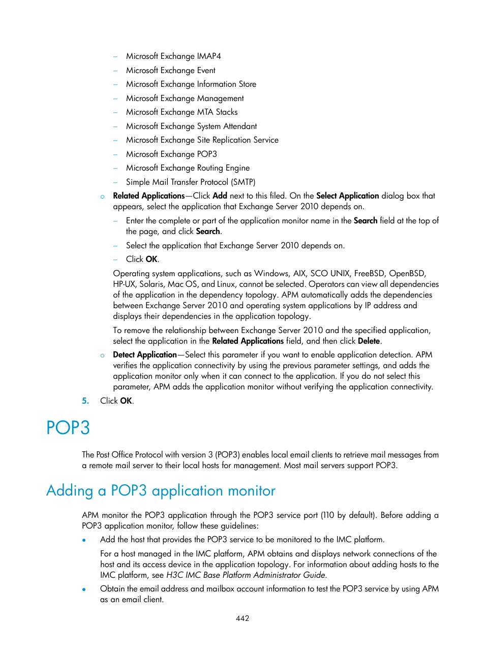 Pop3, Adding a pop3 application monitor | H3C Technologies H3C Intelligent Management Center User Manual | Page 456 / 740