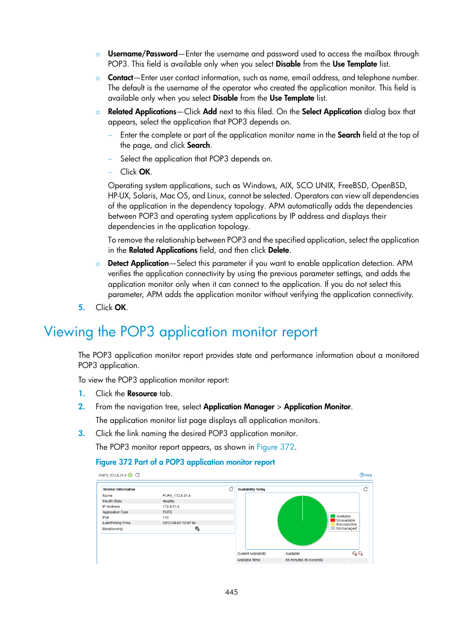 Viewing the pop3 application monitor report | H3C Technologies H3C Intelligent Management Center User Manual | Page 459 / 740