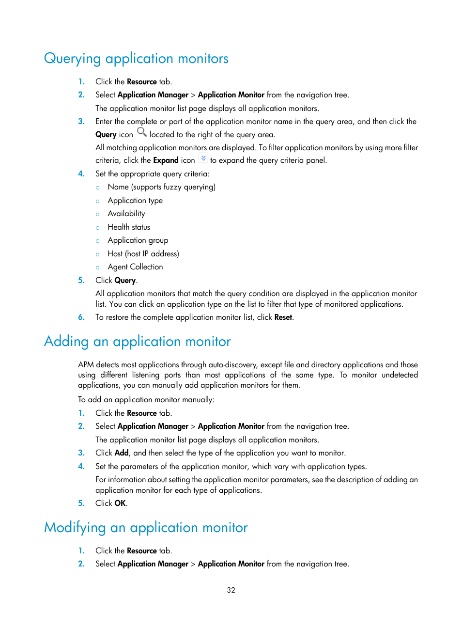 Querying application monitors, Adding an application monitor, Modifying an application monitor | H3C Technologies H3C Intelligent Management Center User Manual | Page 46 / 740
