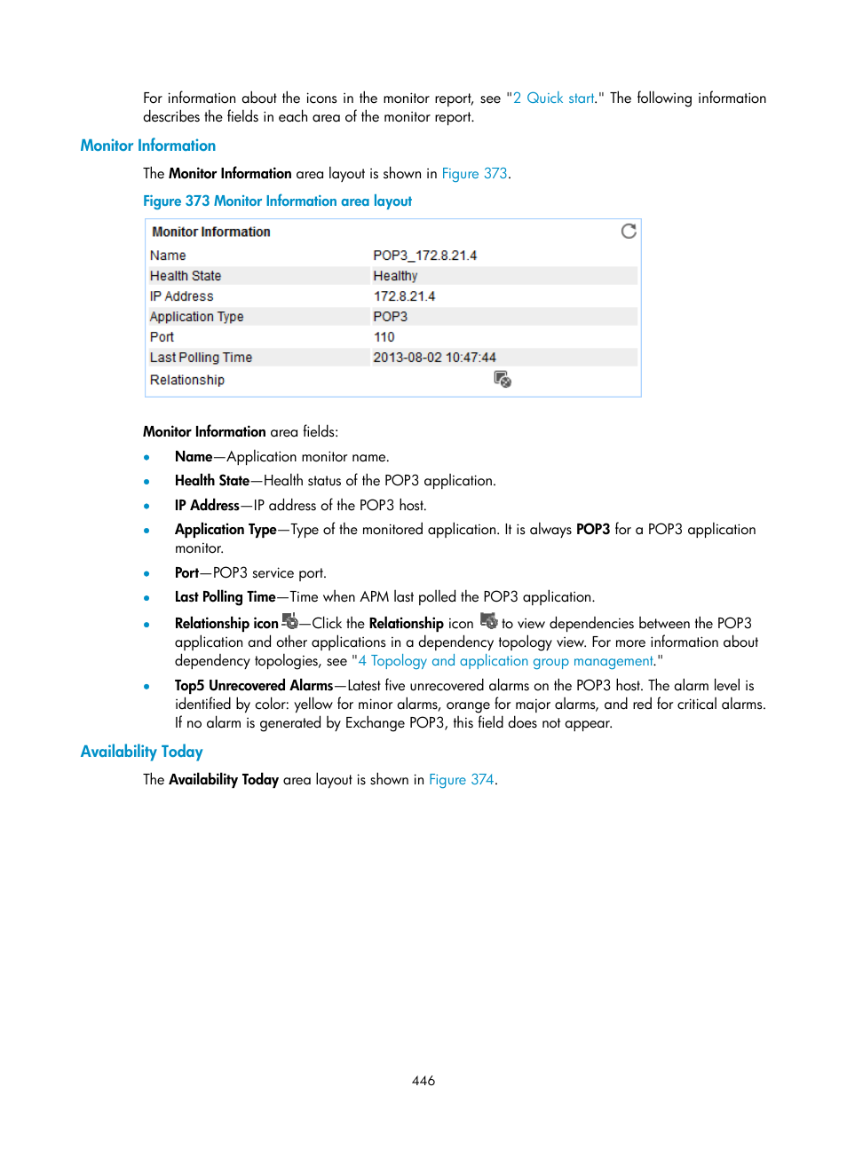 Monitor information, Availability today | H3C Technologies H3C Intelligent Management Center User Manual | Page 460 / 740