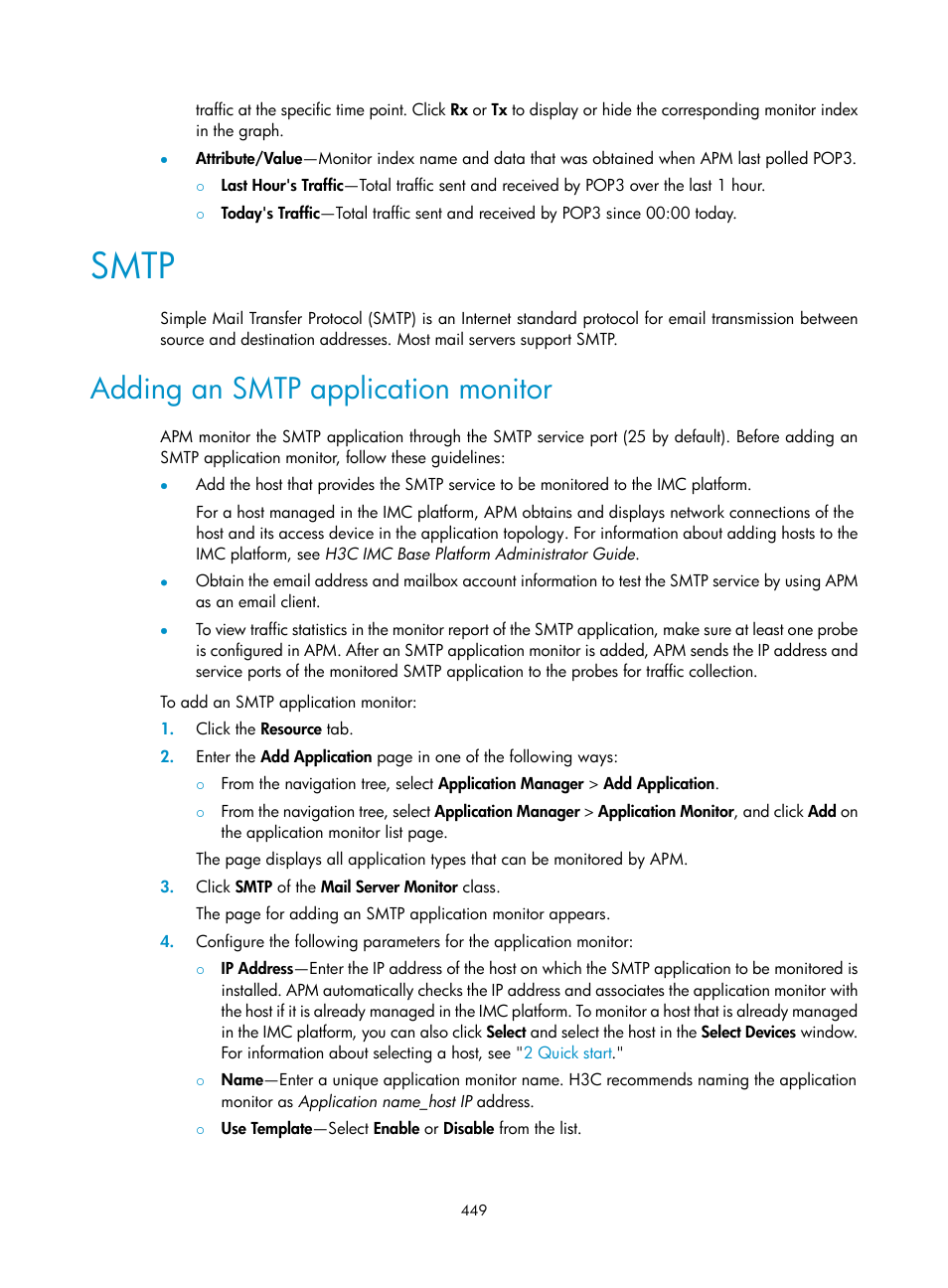 Smtp, Adding an smtp application monitor | H3C Technologies H3C Intelligent Management Center User Manual | Page 463 / 740