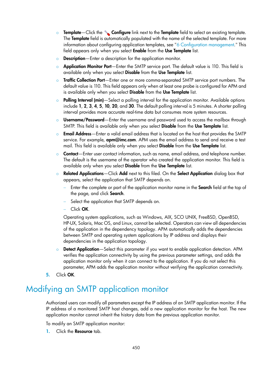 Modifying an smtp application monitor | H3C Technologies H3C Intelligent Management Center User Manual | Page 464 / 740