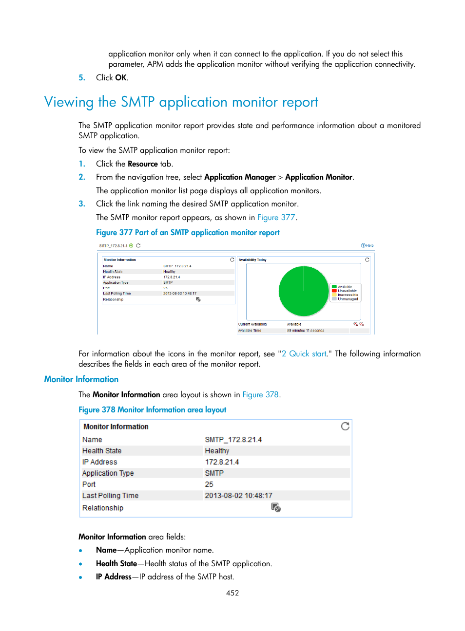 Viewing the smtp application monitor report, Monitor information | H3C Technologies H3C Intelligent Management Center User Manual | Page 466 / 740