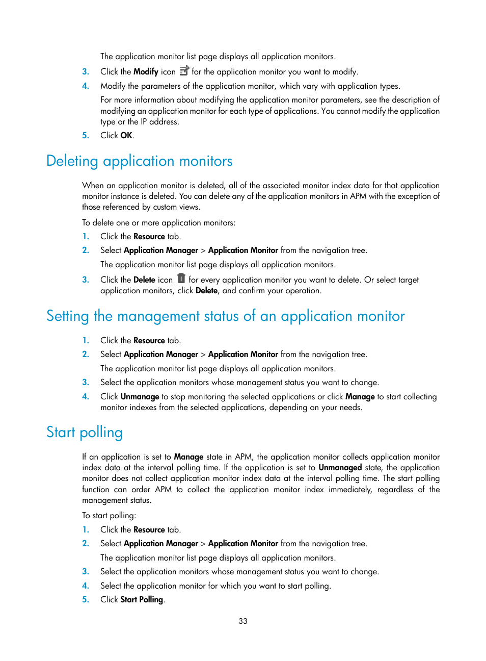Deleting application monitors, Start polling | H3C Technologies H3C Intelligent Management Center User Manual | Page 47 / 740