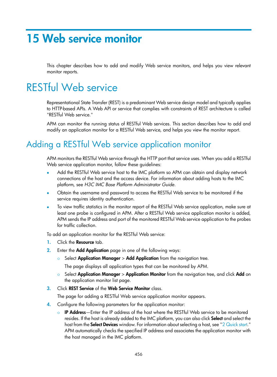 15 web service monitor, Restful web service, Adding a restful web service application monitor | H3C Technologies H3C Intelligent Management Center User Manual | Page 470 / 740