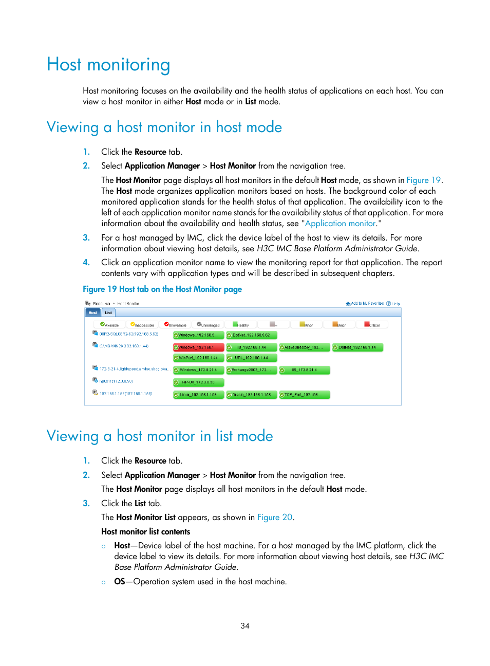 Host monitoring, Viewing a host monitor in host mode, Viewing a host monitor in list mode | H3C Technologies H3C Intelligent Management Center User Manual | Page 48 / 740
