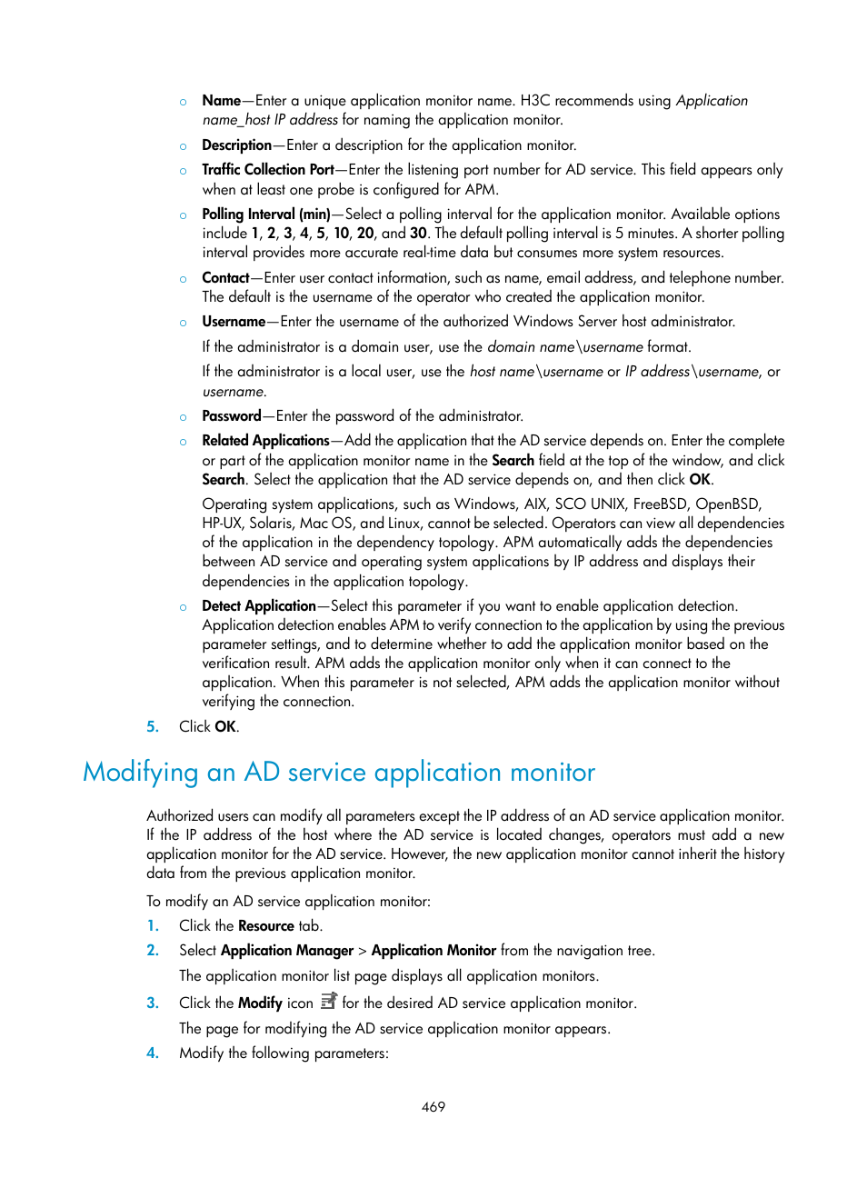 Modifying an ad service application monitor | H3C Technologies H3C Intelligent Management Center User Manual | Page 483 / 740