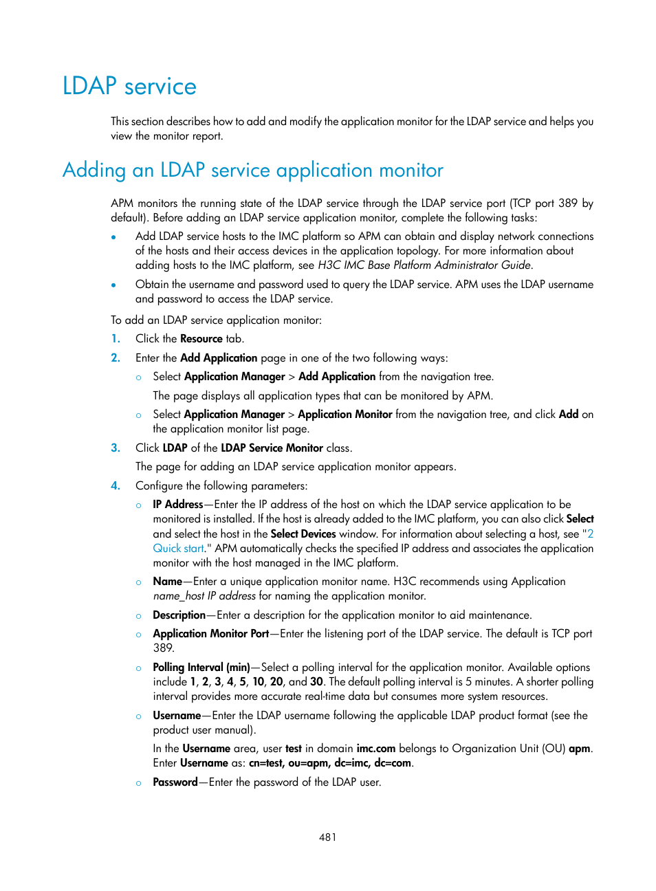 Ldap service, Adding an ldap service application monitor | H3C Technologies H3C Intelligent Management Center User Manual | Page 495 / 740
