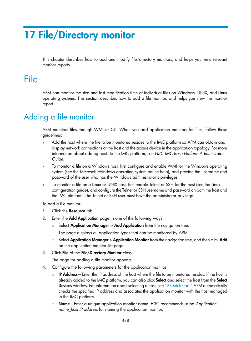 17 file/directory monitor, File, Adding a file monitor | H3C Technologies H3C Intelligent Management Center User Manual | Page 502 / 740