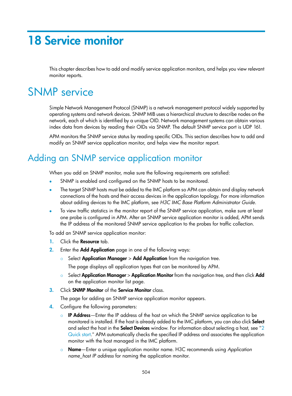 18 service monitor, Snmp service, Adding an snmp service application monitor | H3C Technologies H3C Intelligent Management Center User Manual | Page 518 / 740