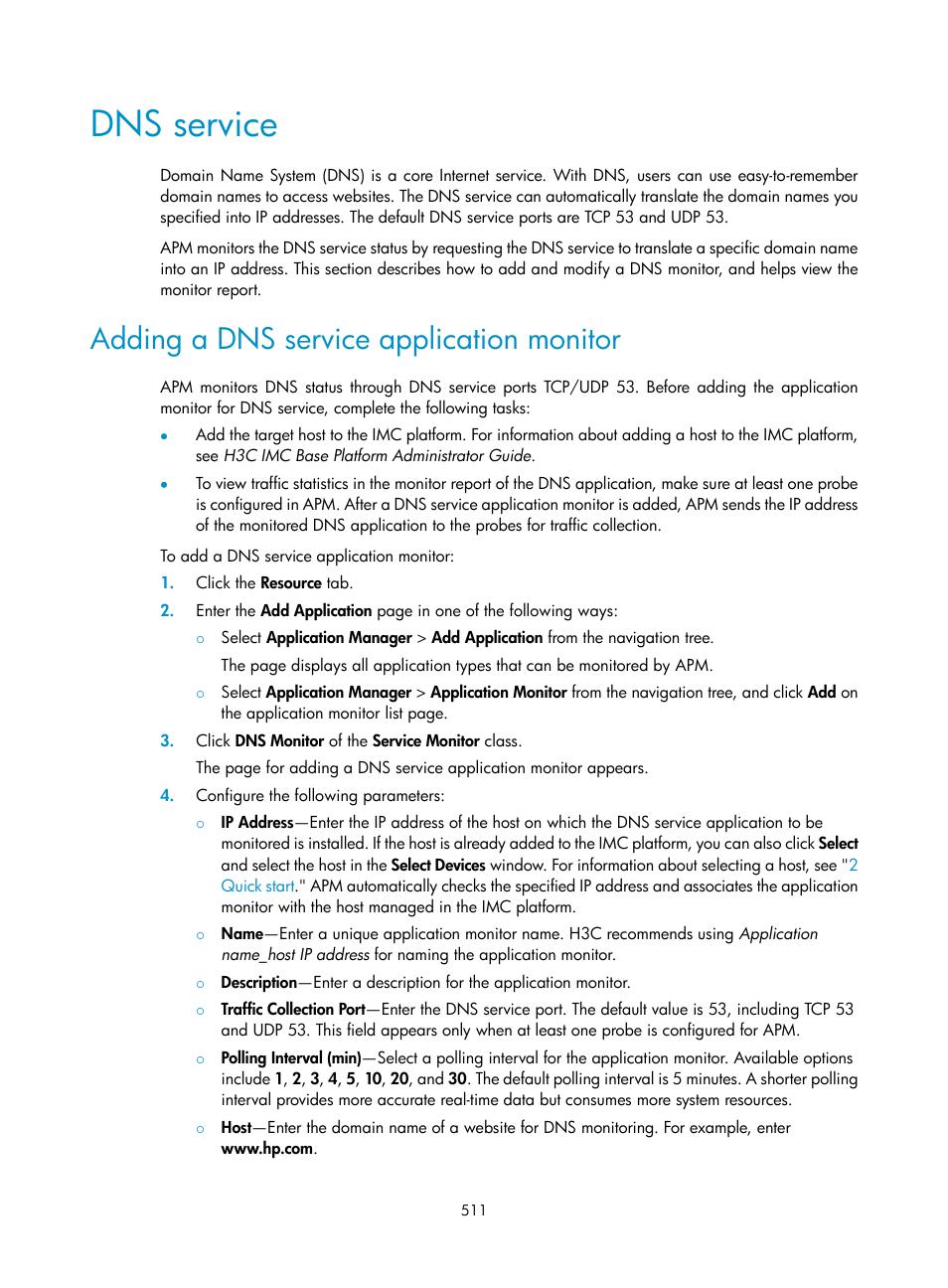 Dns service, Adding a dns service application monitor | H3C Technologies H3C Intelligent Management Center User Manual | Page 525 / 740